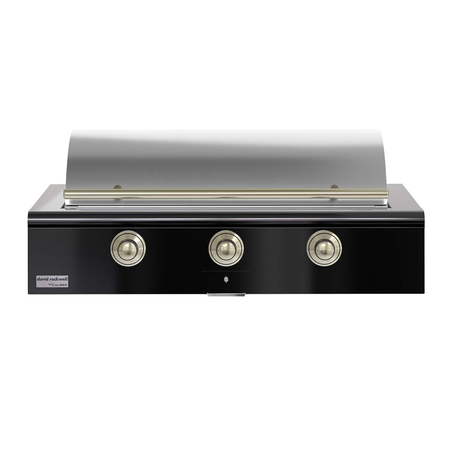 Caliber CRG-48BN00-A-044-H01 48-in Natural Gas Built-In Rockwell Grill - Gloss Black w/ Brass Hardware - Closed Lid - White Background thumbnail