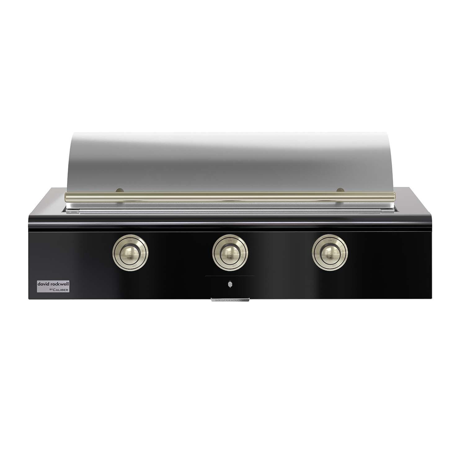 Caliber CRG-48BN00-A-044-H01 48-in Natural Gas Built-In Rockwell Grill - Gloss Black w/ Brass Hardware - Closed Lid - White Background thumbnail