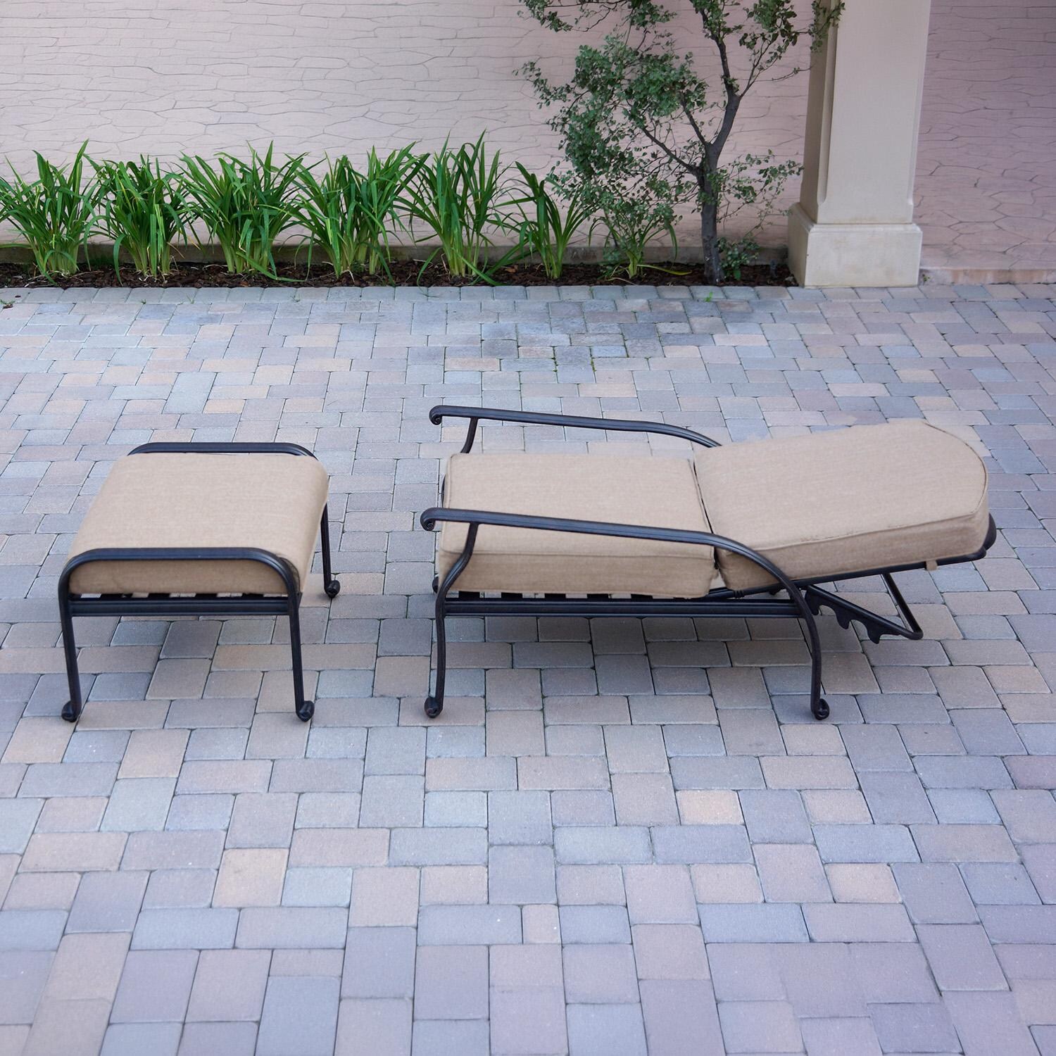 Darlee Elisabeth 6 Pc Cast Aluminum Sofa Seating Set w/ 46 X 31 Inch Oval Table w/ Reclining Chairs & Throw Pillows in Antique Bronze/Beige - Chair Reclined - Lifestyle thumbnail
