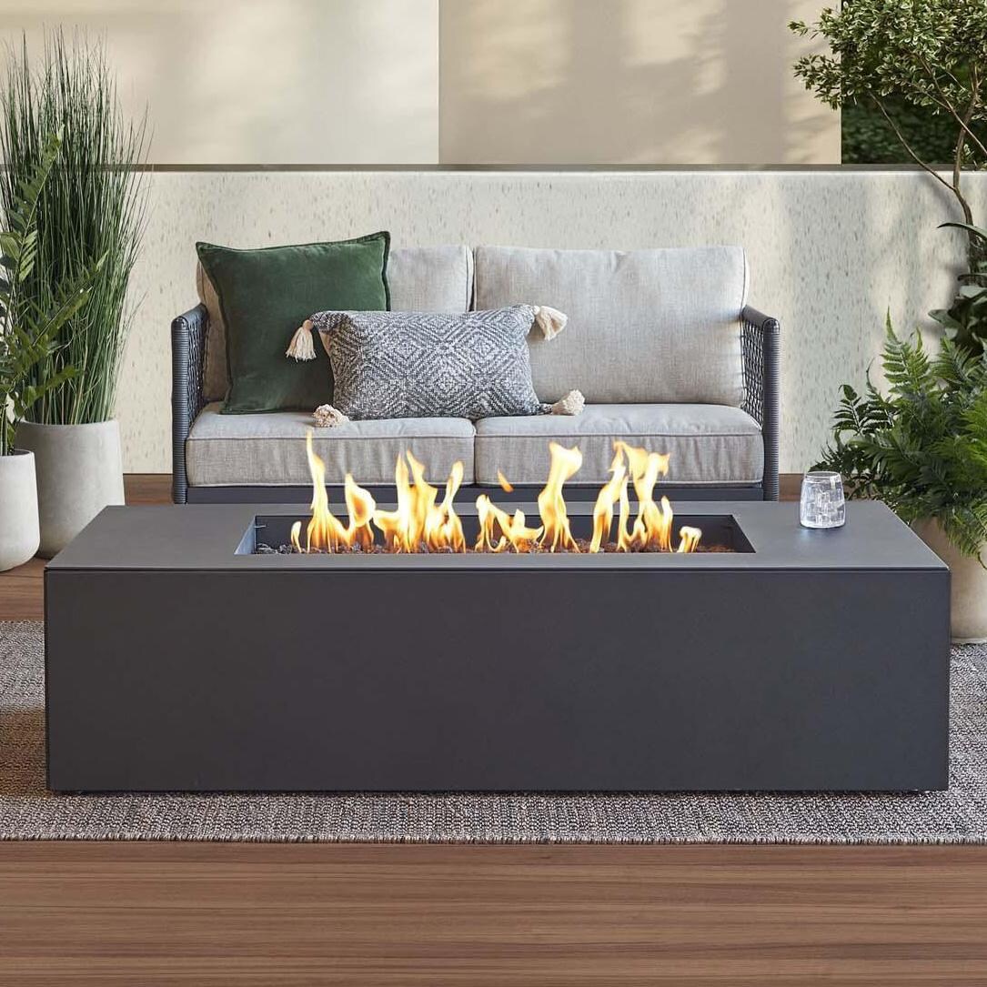 Covewood 58 Inch Rectangular Aluminum Propane Fire Pit Table w/ Hidden Propane Tank in Charcoal by BBQGuys Signature - Lifestyle thumbnail