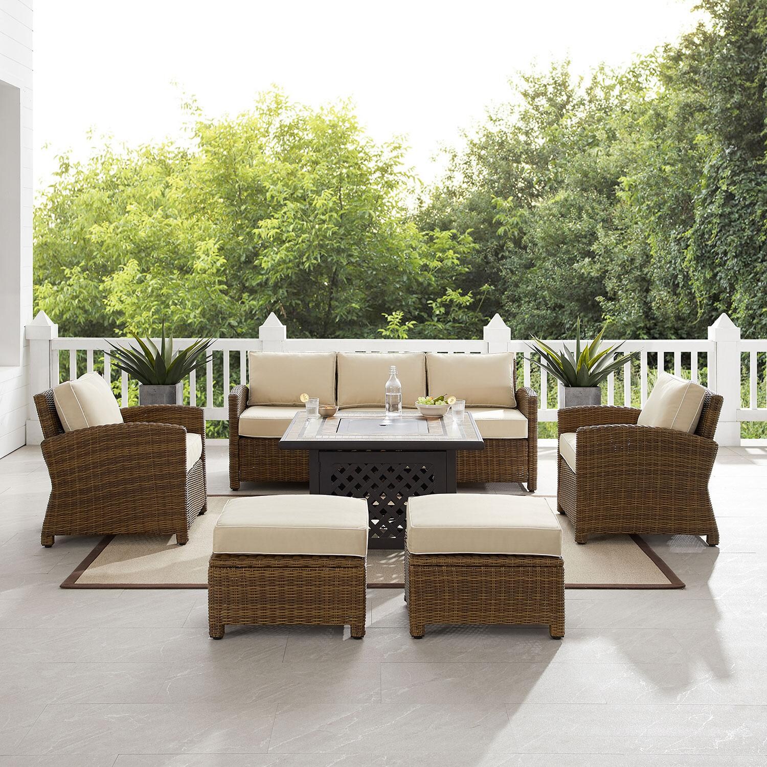 Ultimate Patio UP-92417WB-SA 6Pc Wicker Outdoor Sofa Set W/ Fire Table in Sand - Front View W/ Fire Table Off - Lifestyle thumbnail