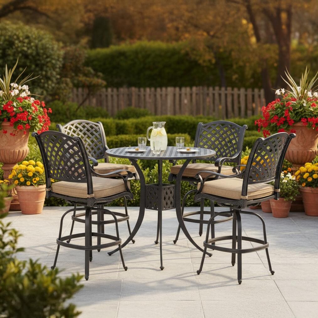 Nassau 5 Pc Patio Bar Set w/ 42 Inch Round Bar Table in Antique Bronze/Sesame by Darlee - On Patio - Lifestyle thumbnail