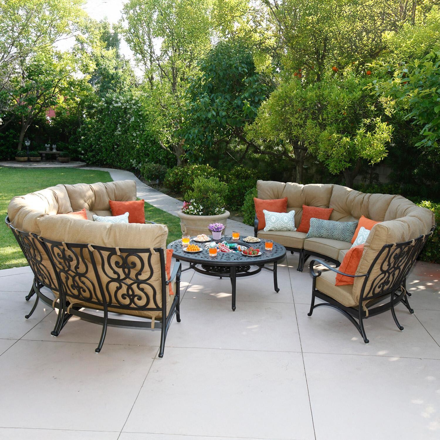 Santa Anita 9 Pc Cast Aluminum Sectional Seating Set w/ 52 Inch Series 80 Table in Antique Bronze/Linen Sesame by Darlee