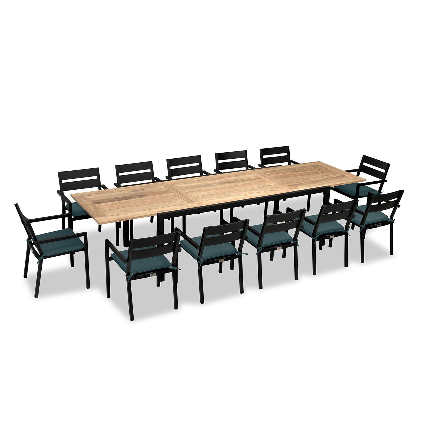 Calm Bay Communal 13 Pc Extendable Aluminum Dining Set in Black/Cast Lagoon by Lakeview Outdoor Designs