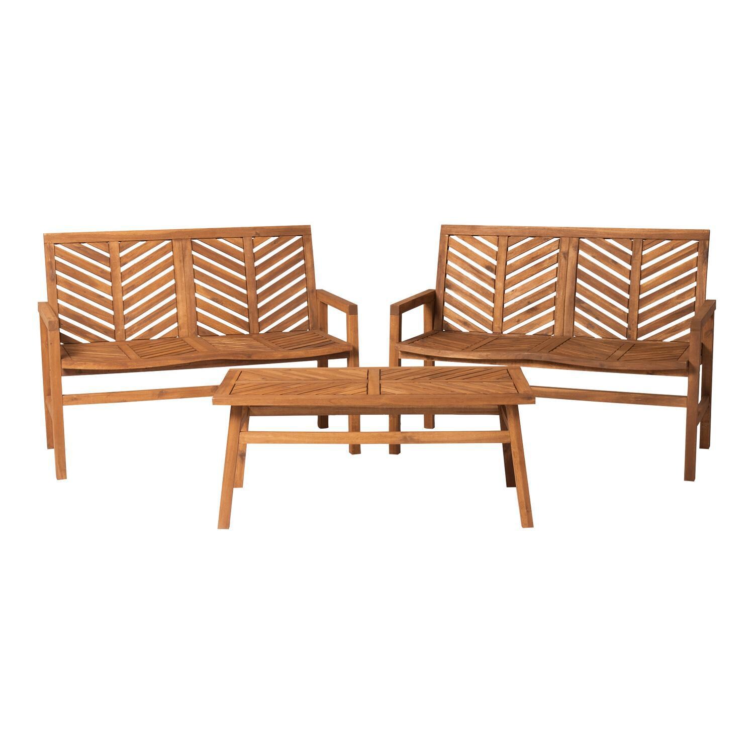 Ultimate Patio Wishlake 3 Piece Acacia Patio Conversation Set W/ 42 X 20 Inch Rectangular Table - Brown - Front View thumbnail