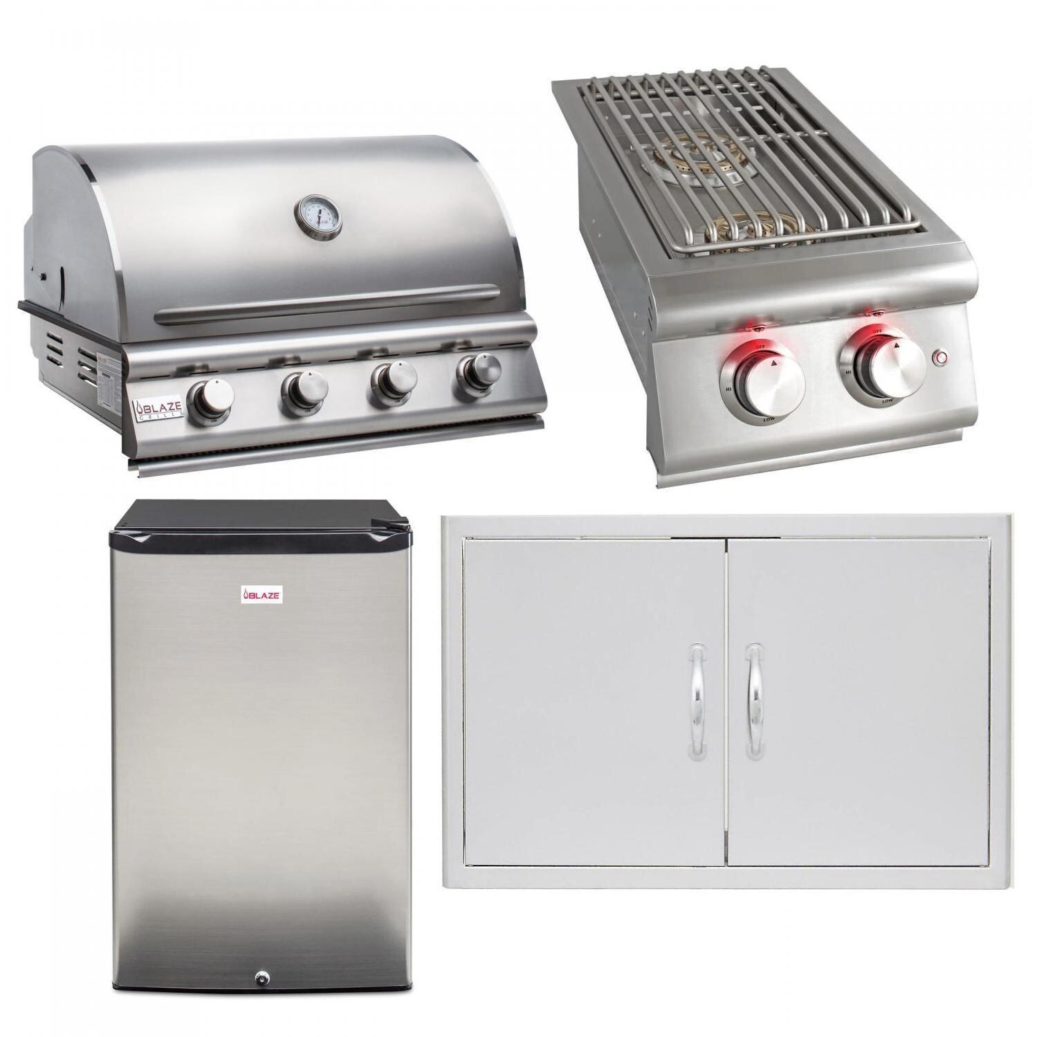 Blaze LBM 4-Piece 32-Inch Propane Gas Outdoor Kitchen Package w/ Double Side Burner & Refrigerator