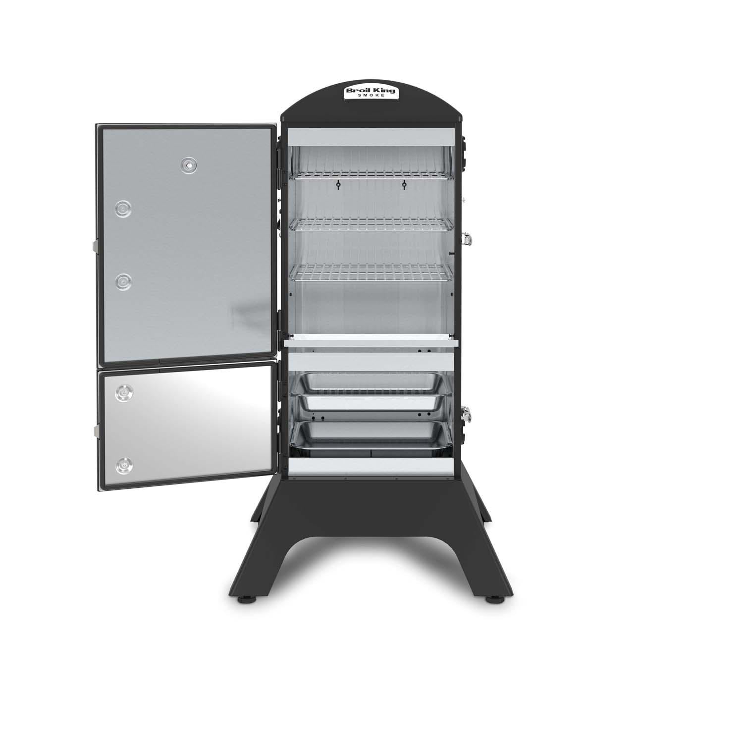 Broil King 28-Inch Smoke Vertical Charcoal Smoker - Black - Door Open - White Background thumbnail