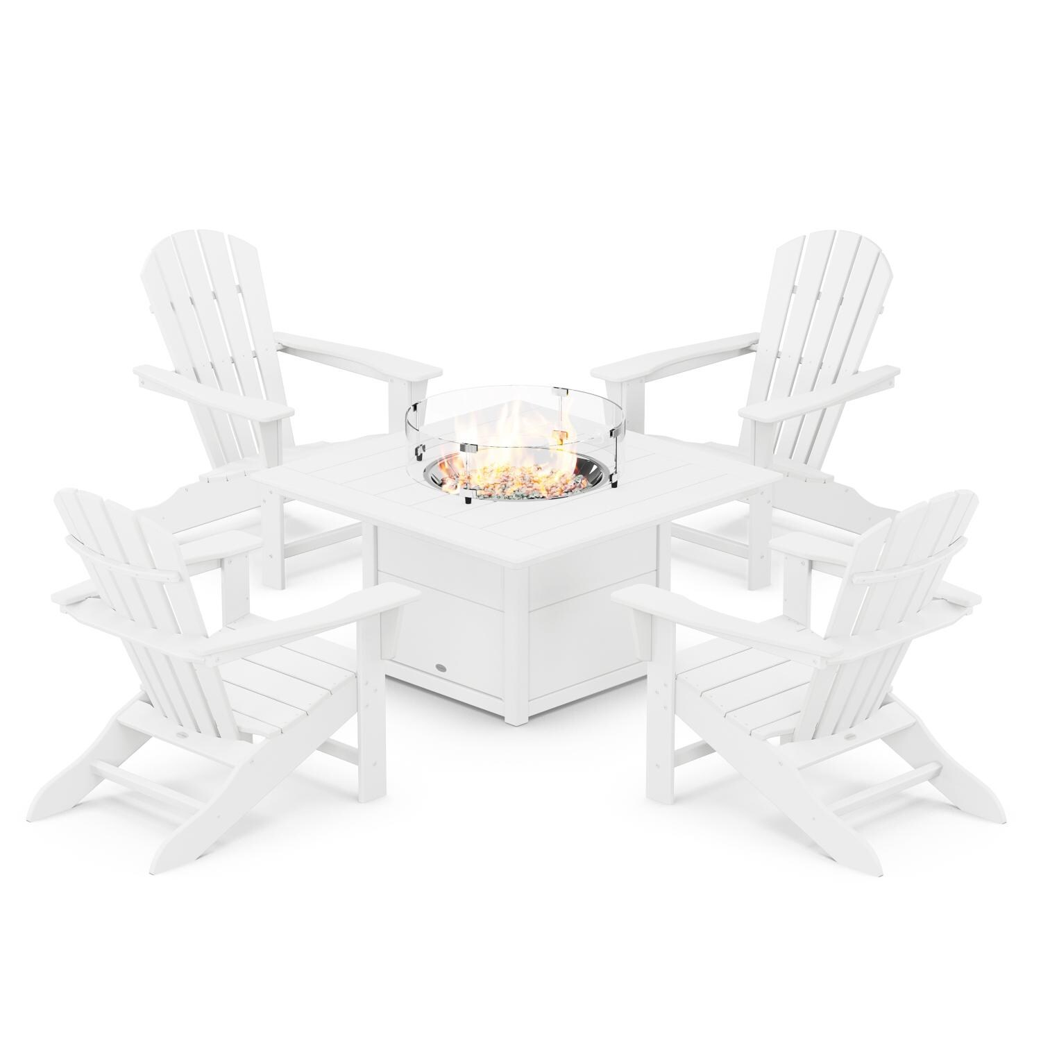 POLYWOOD White Palm Coast 5-Piece Adirondack Chair Conversation Set w/ Fire Pit Table thumbnail
