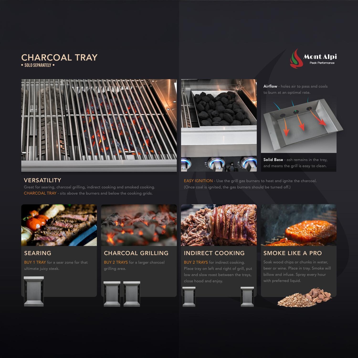 Mont Alpi MA400-AW 4-Burner Stainless Steel Art-Wood Natural Gas Island Grill - Charcoal Tray Feature Page - Detail thumbnail