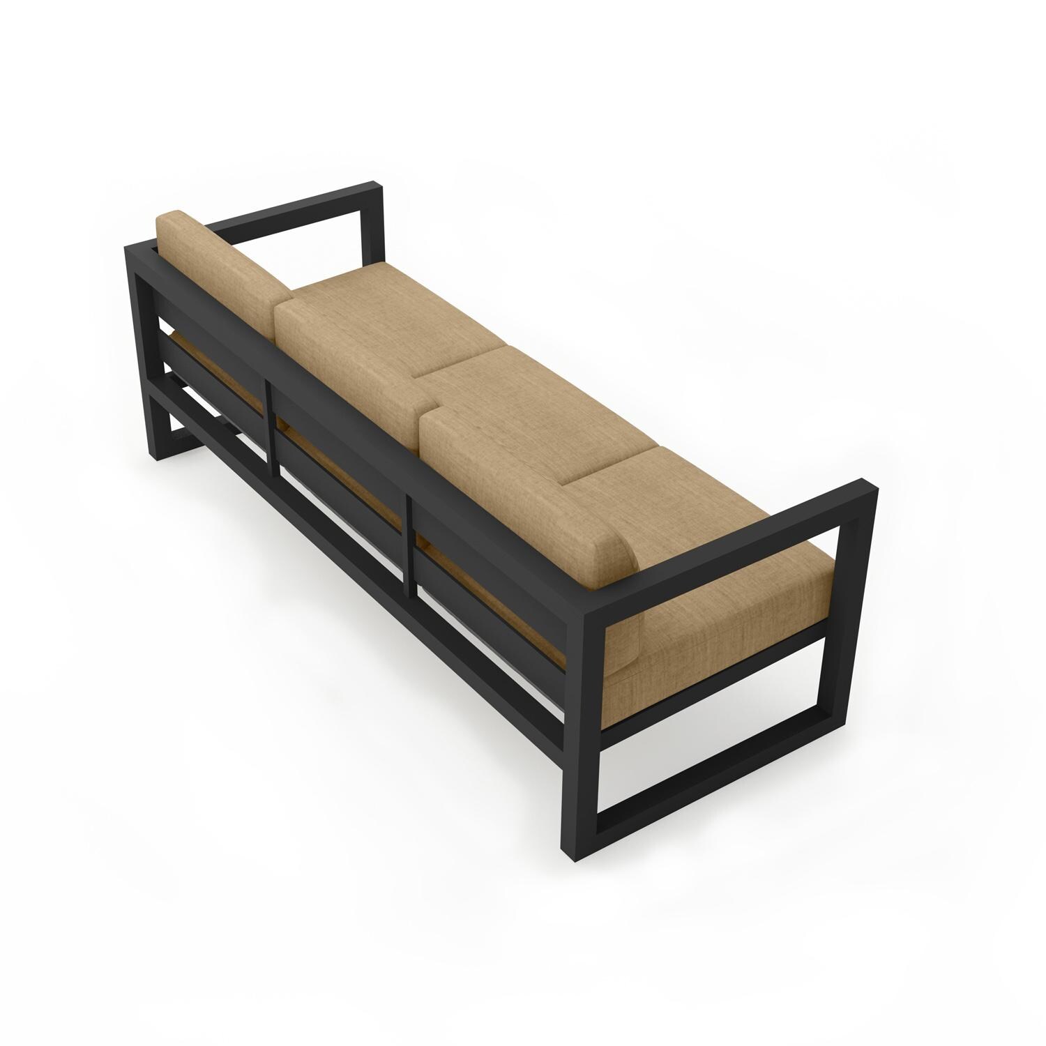 Lakeview MSTYCV-BK-S-HB Misty Cove 3 Person Aluminum Sofa in Black w/Heather Beige Cushions by Lakeview Outdoor Designs - Angled Back - White Background thumbnail