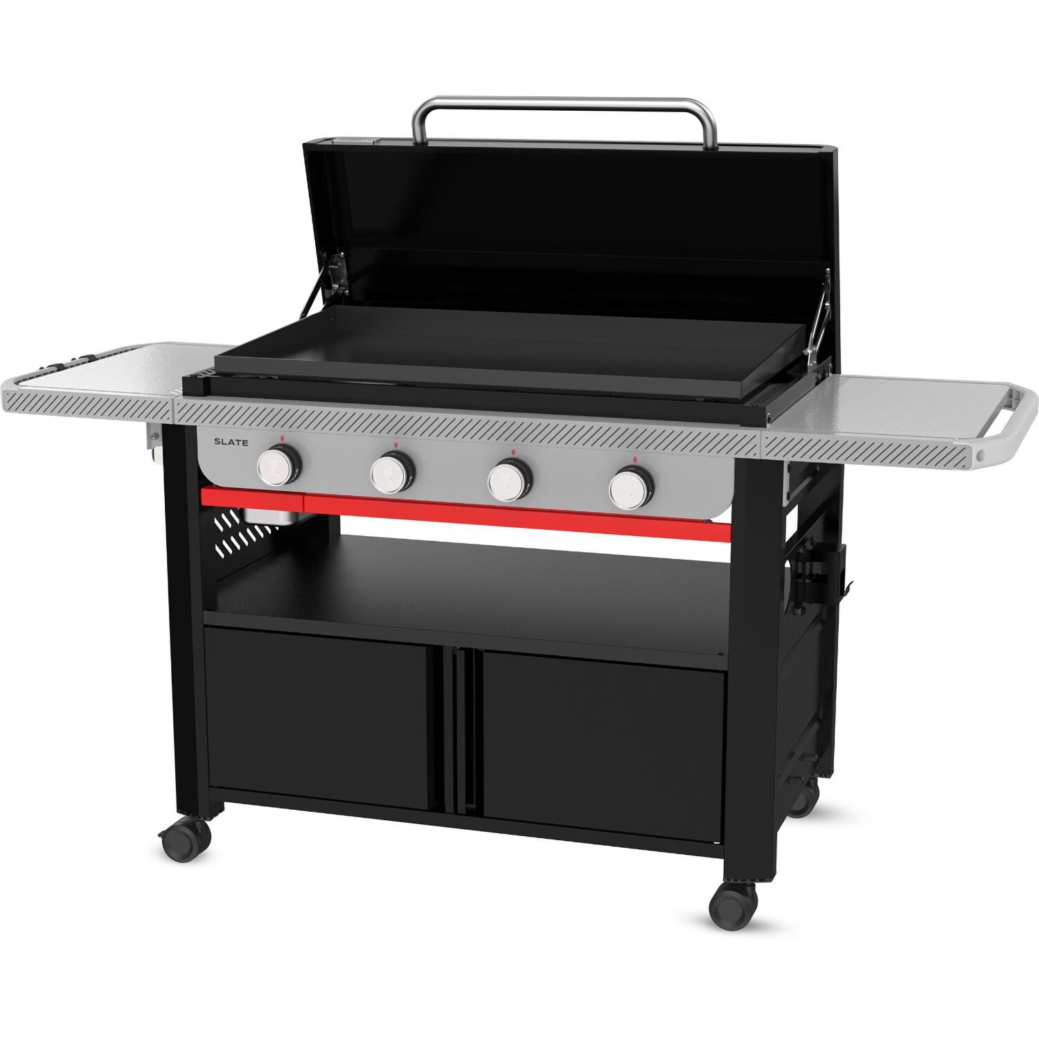 Weber Grills 1502283 Slate 36-in 4 Burner Propane Rust-Resistant Griddle w/ Closed Cabinet - Black - Angled Left Open - White Background thumbnail
