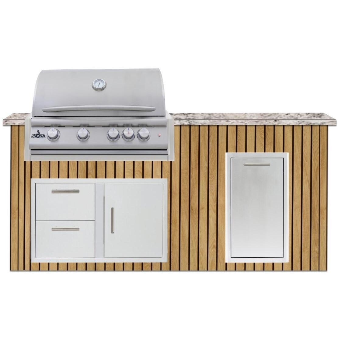 BBQGuys Signature 6 Ft Outdoor Kitchen Island w/ 32-in Blaze LTE+ Propane Grill & Narrow Trash Bin | Sun Bleached Oak w/ White Valley Granite - Island - White Background thumbnail