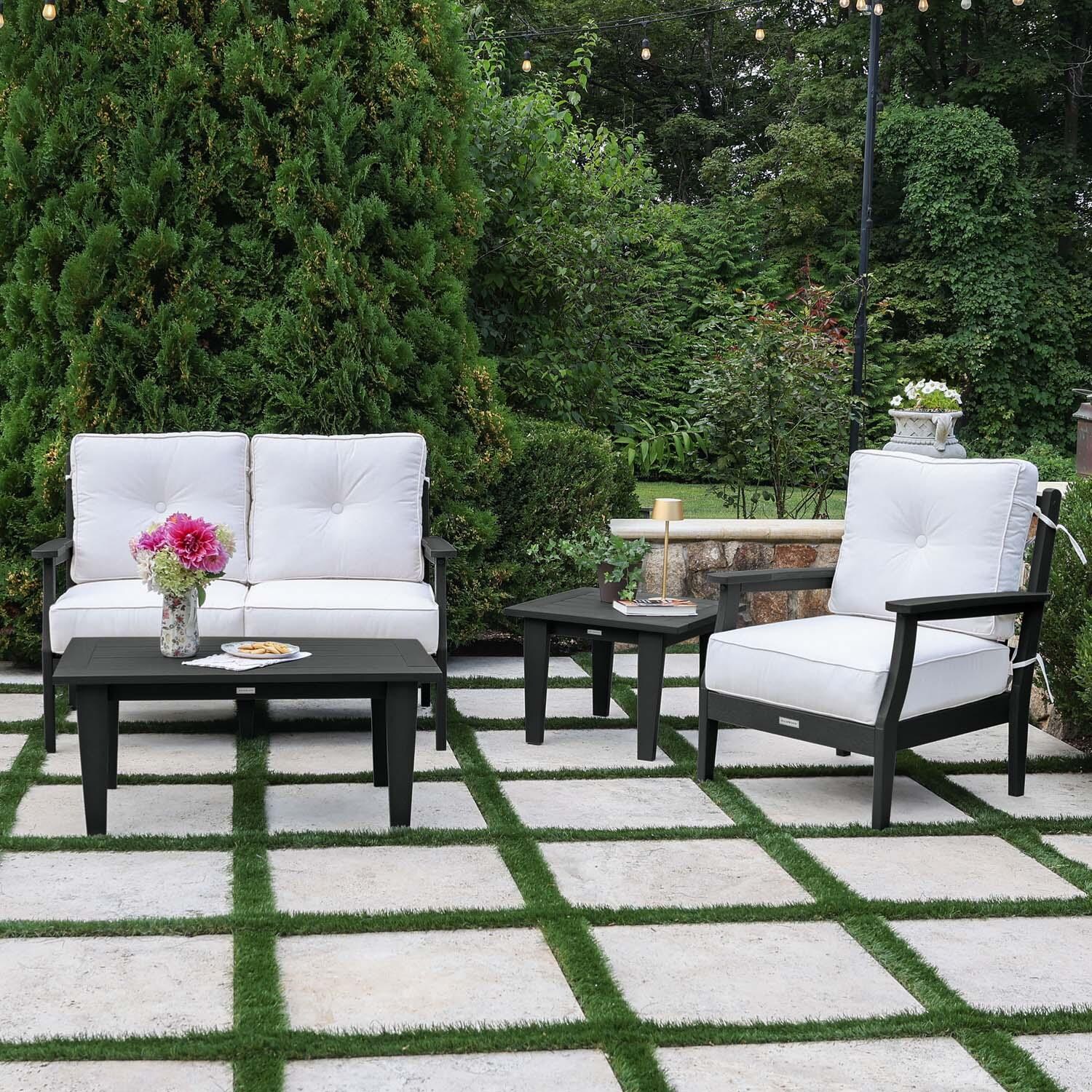 Blushing Bay 4 Pc Recycled Plastic Seating Set in Bliss Linen/Black by Lakeview Outdoor Designs