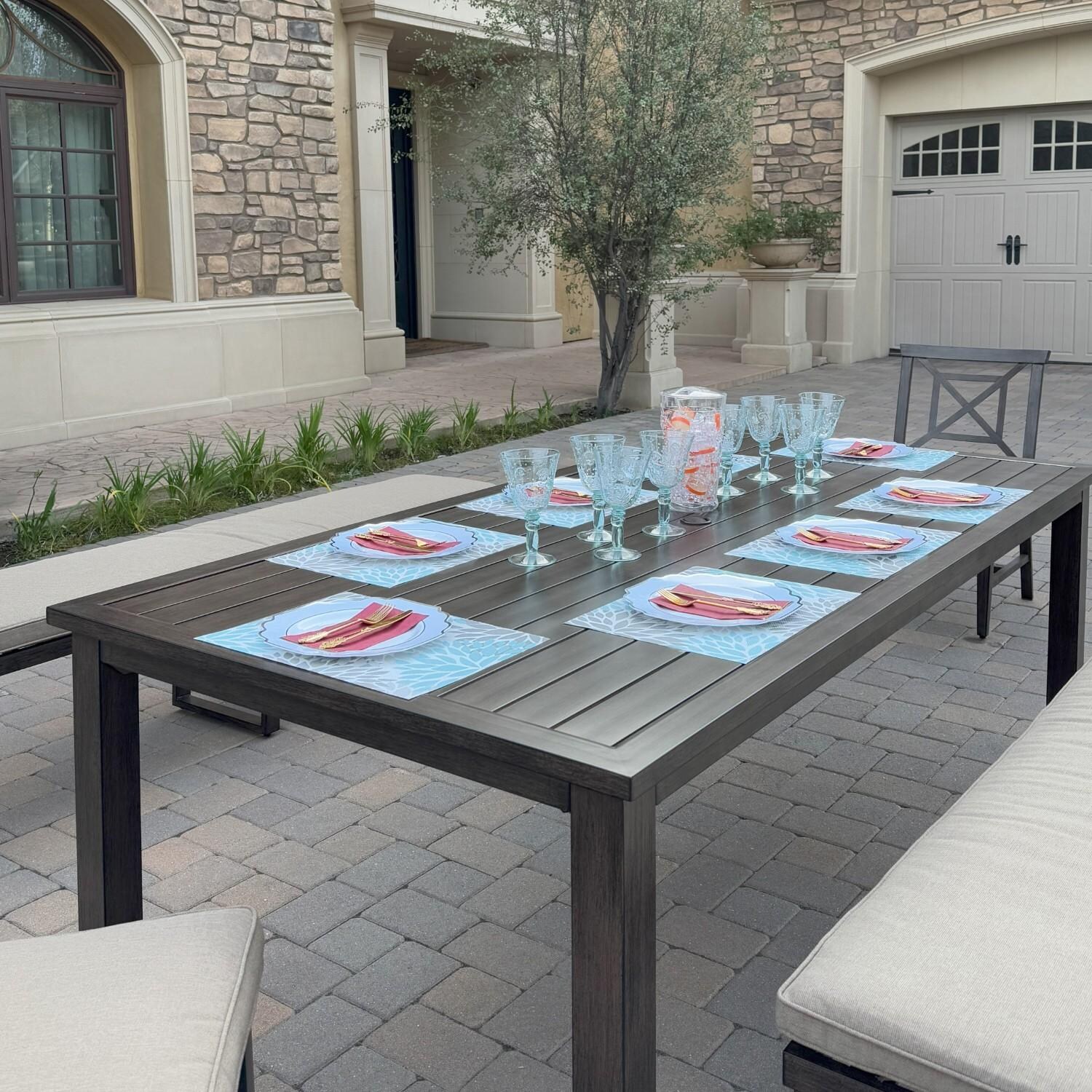 Atlantis 5 Pc Aluminum Dining Set w/ 2 Dining Side Chairs & 2 Three Person Benches in Walnut/Beige by Darlee - Table Side - Lifestyle thumbnail