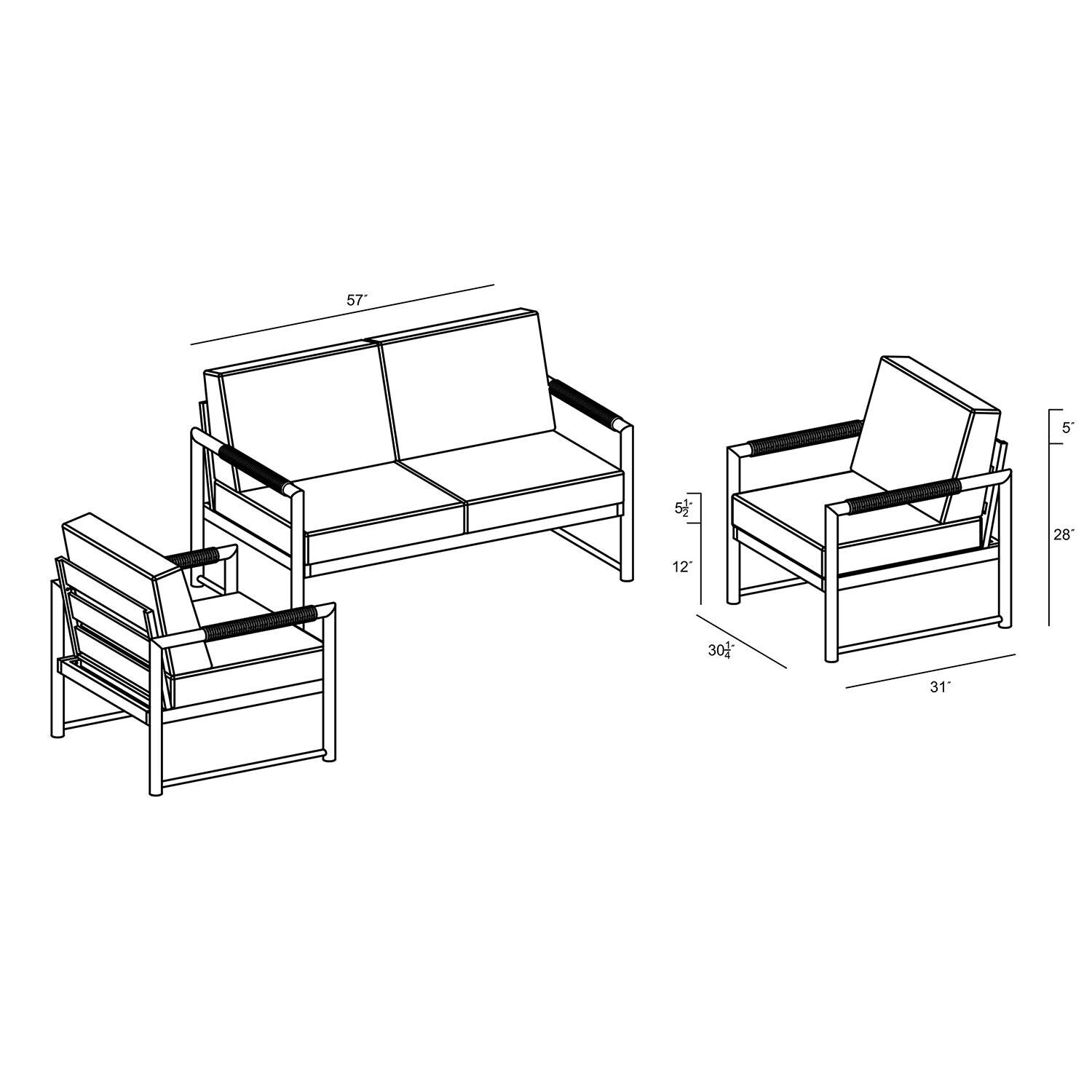 Lakeview AVEBAY-BK-CO-SET120-CS Avenue Bay Black/Carbon 3 Pc Loveseat Set - Cast Silver - Dimensions - Diagram thumbnail