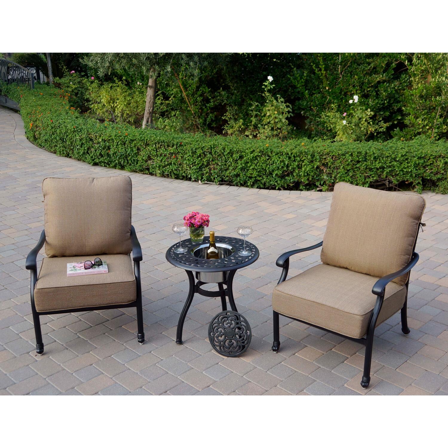 Darlee Madison 3 Piece Cast Aluminum Patio Conversation Set W/ 24-Inch Round Ice Bucket End Table & Sesame Cushions - Wide Angle thumbnail