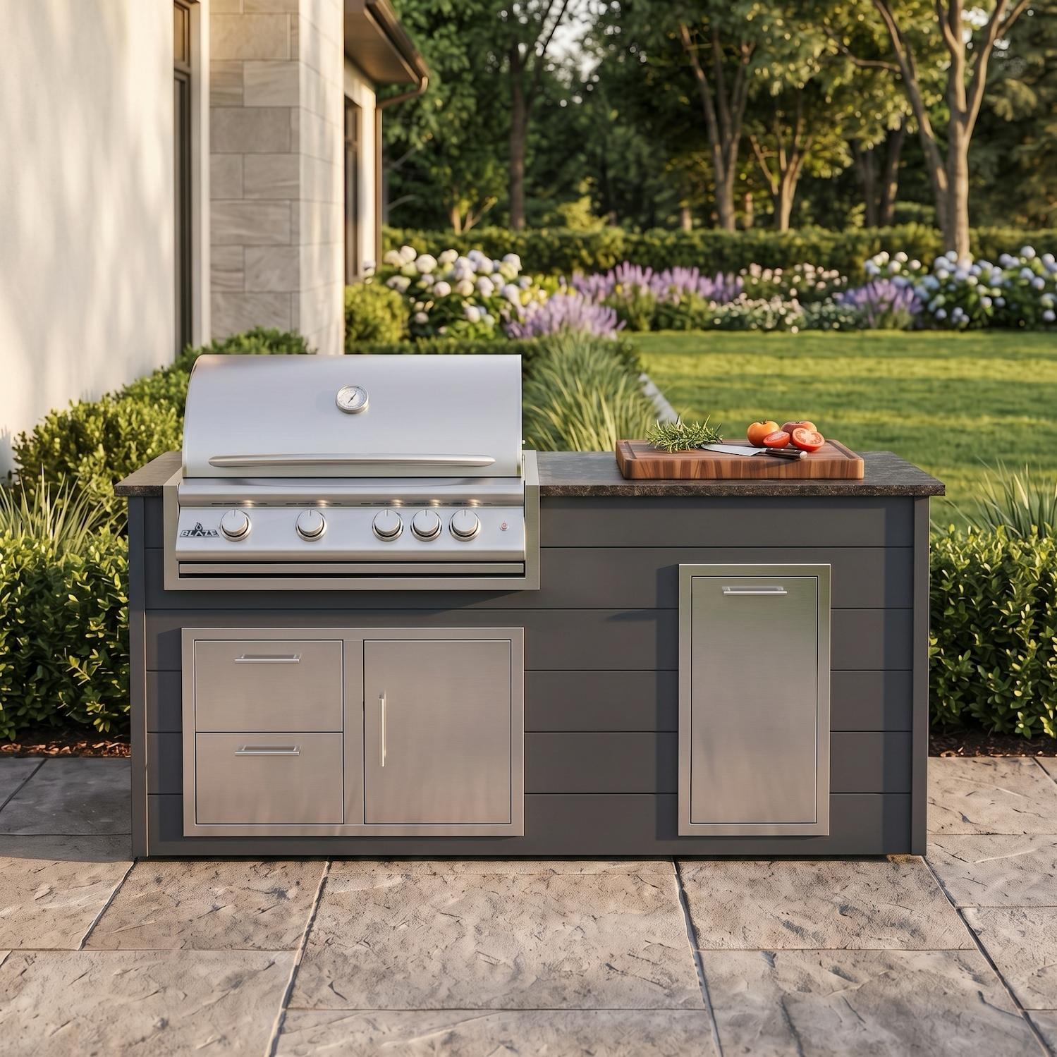 6-Foot Outdoor Kitchen Island w/ 32-in Natural Gas Blaze LTE+ Grill & Narrow Trash Bin | Asphalt Gray | Nero Mist Granite by BBQGuys Signature