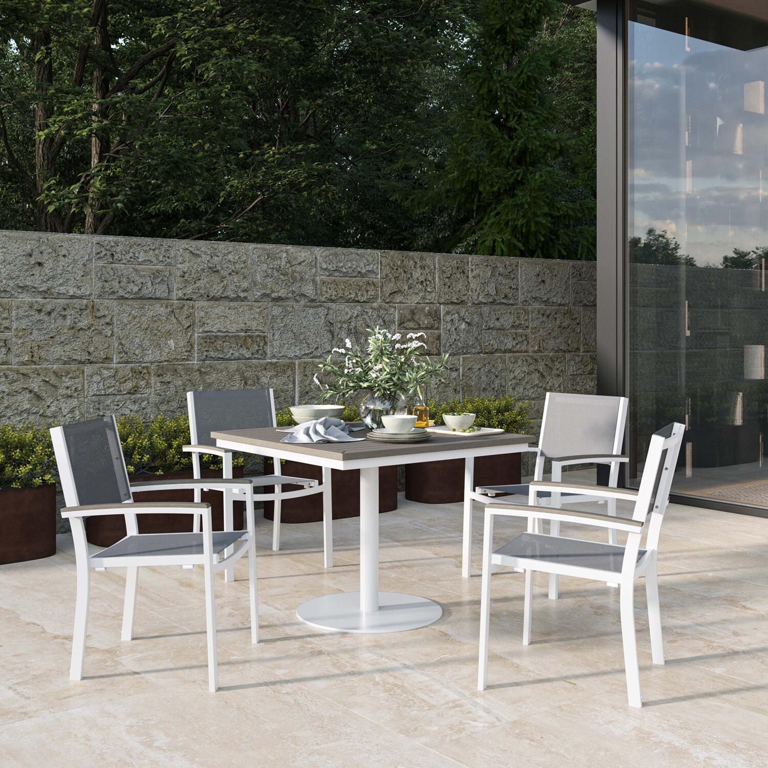 Oxford Garden Travira 5 Pc Composite Sling & Aluminum Dining Set W/ Vintage Tekwood Arm Caps & Square Table Top in Chalk/Titanium thumbnail