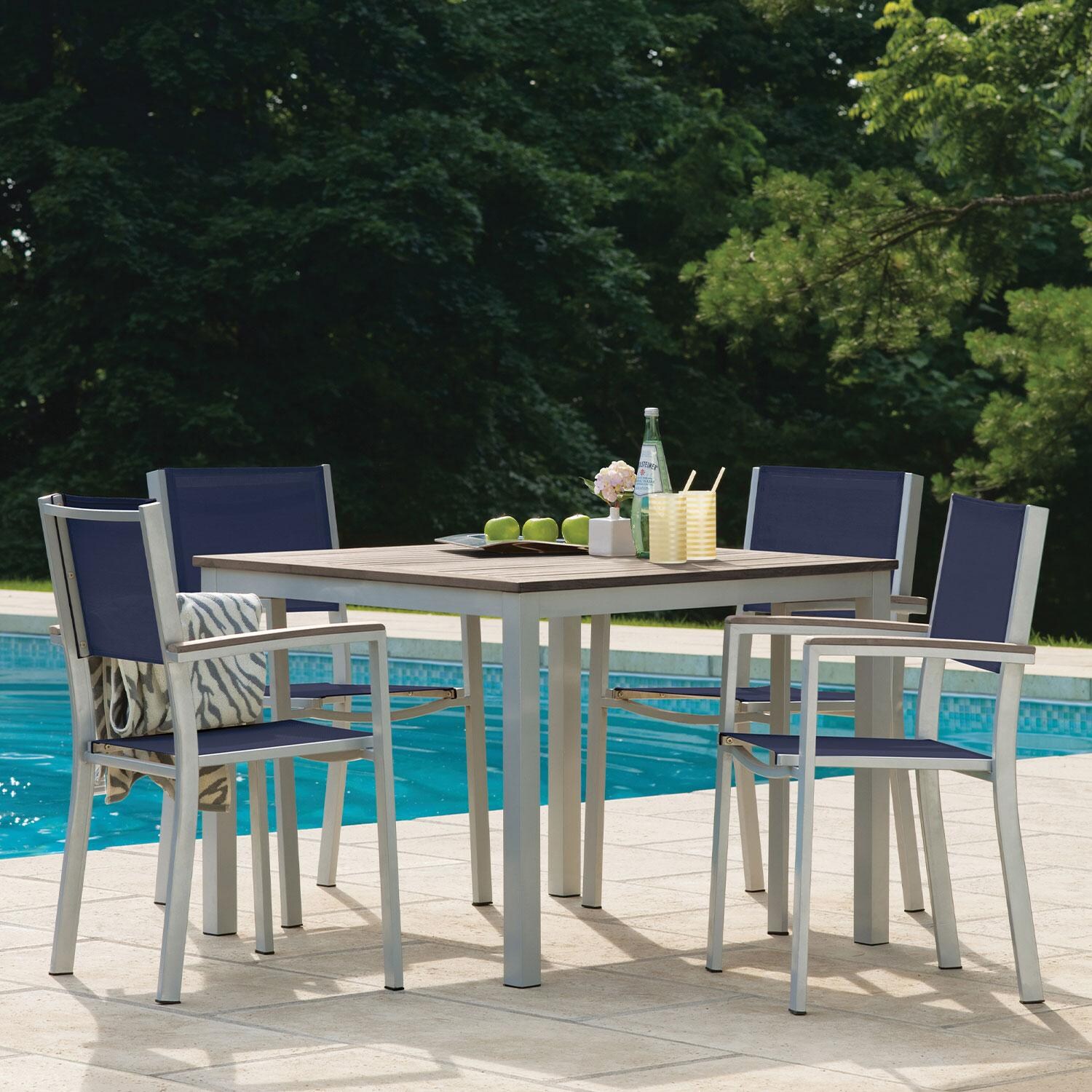 Travira 5 Pc Powder-Coated Aluminum Dining Set W/ Square Table in Ink Pen - By The Pool - Lifestyle thumbnail