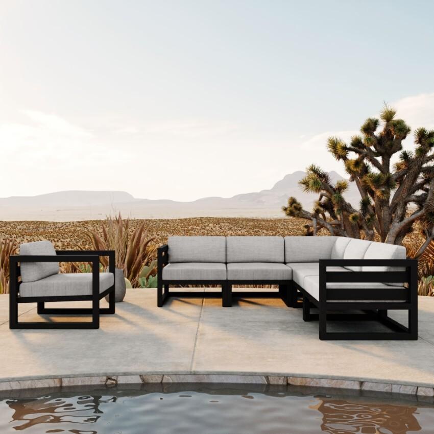 Lakeview Misty Cove 6 Pc Aluminum Sectional Set in Black w/Club Chair & Cast Silver Cushions by Lakeview Outdoor Designs - Hero - Lifestyle thumbnail