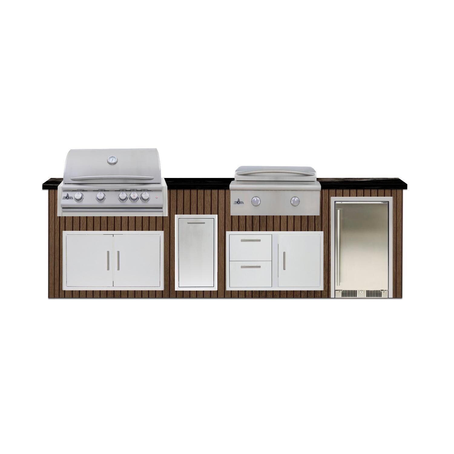 BBQGuys Signature 10 Ft Outdoor Kitchen Island w/ 32-in Propane Blaze LTE+ Grill & Griddle, 15-in Refrigerator & Narrow Trash Bin | Toffee w/ Nero Mist Granite - Island - White Background thumbnail