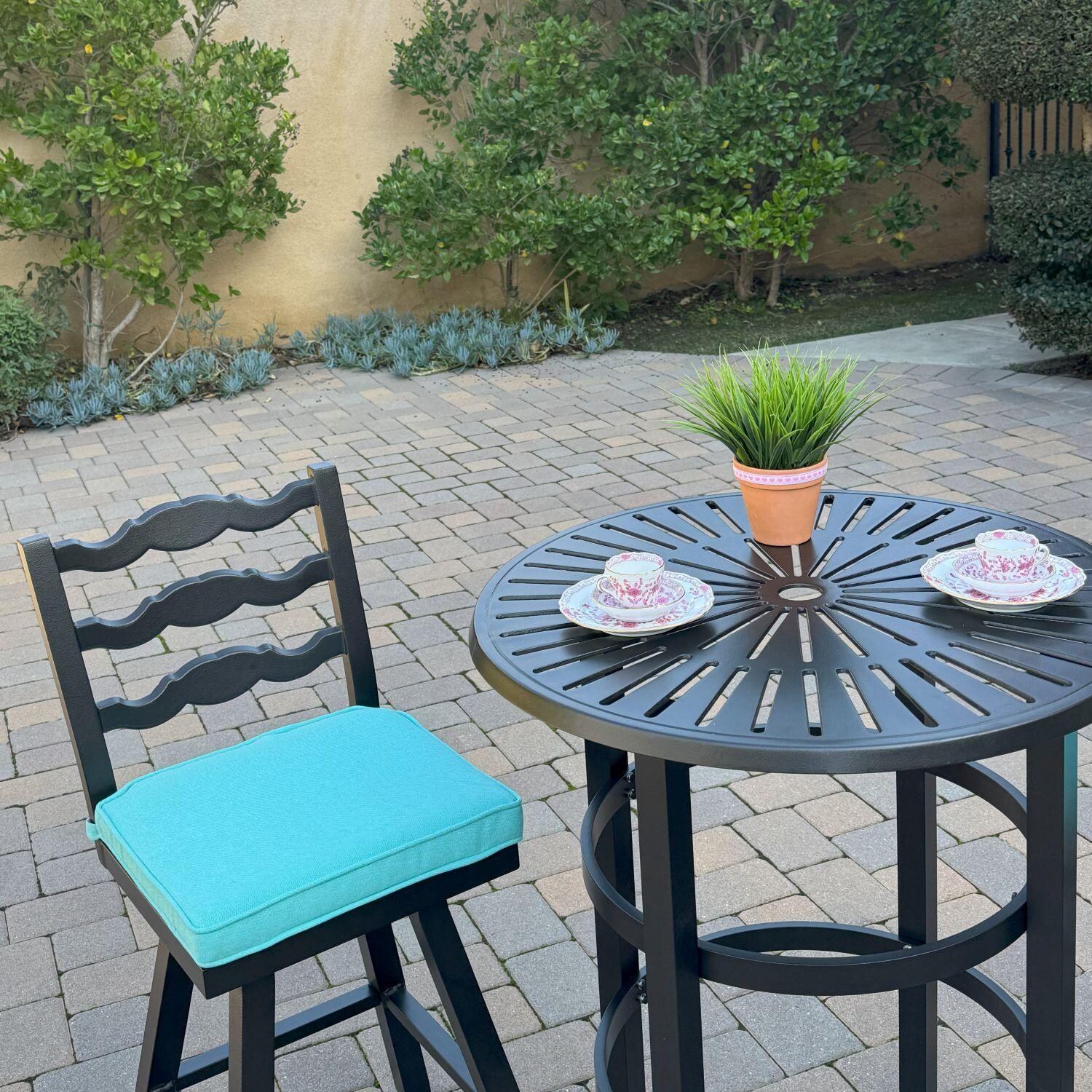 Aspen Aluminum 3 Pc Patio Bar Set w/ 30-in Round Counter Height Bar Table in Blue By Darlee - Left Side - Lifestyle thumbnail