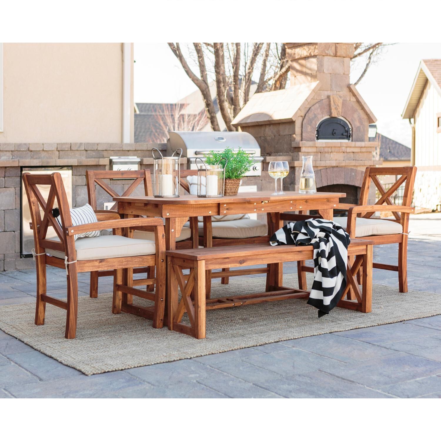 Walker Edison 6 Piece Acacia Patio Dining Set W/ 55-79 X 35 Inch Extension Rectangular Table - Brown image