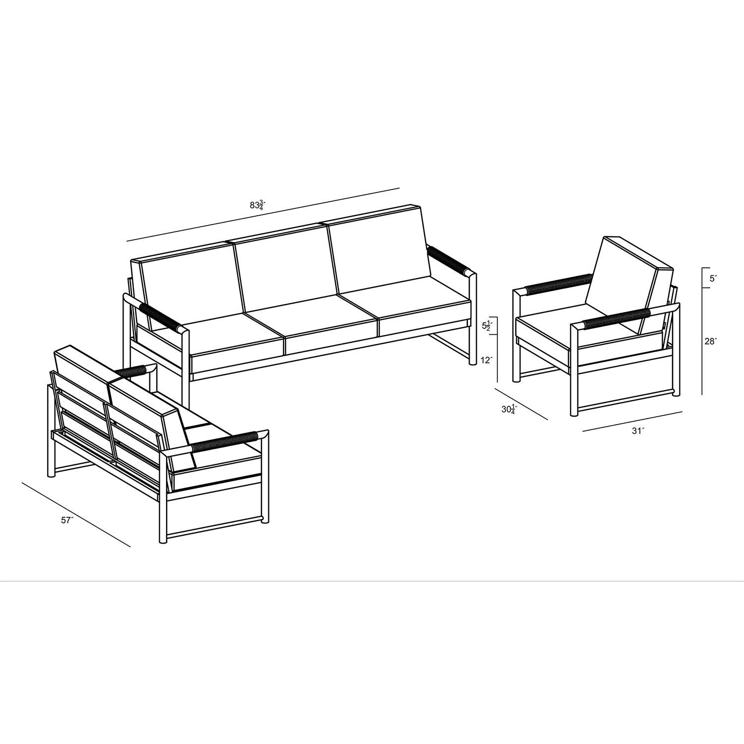 Lakeview AVEBAY-BK-CO-SET143-IN Avenue Bay Black/Carbon 3 Pc Sofa Loveseat Set - Spectrum Indigo - Dimensions - Diagram thumbnail