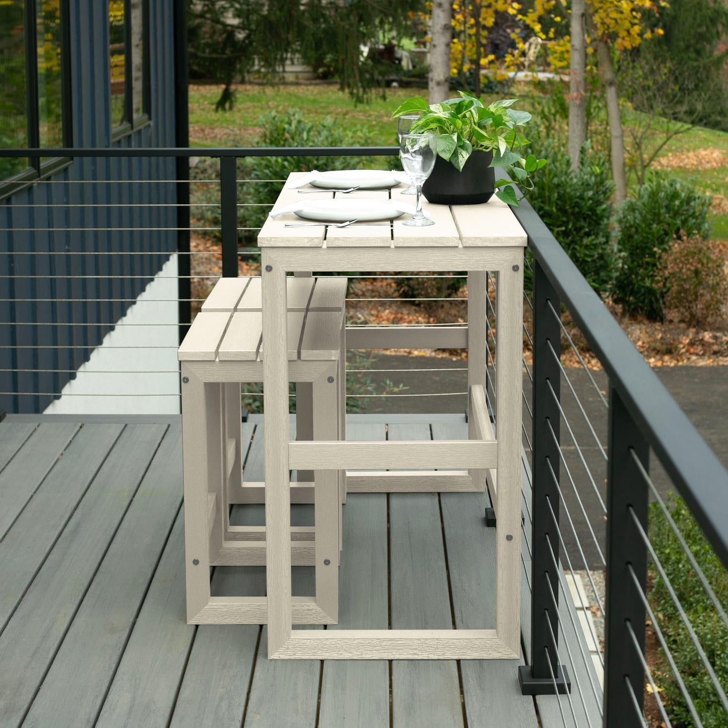 Lakeview Audubon 3 Pc Recycled Plastic Counter Height Balcony Dining Bar Set in Whitewash - Side View - Lifestyle thumbnail