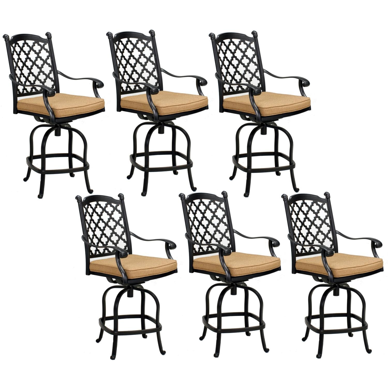 Madison 6 Piece Cast Aluminum Patio Counter Height Swivel Bar Stool Set W/ Sesame Polyester Cushions By Darlee