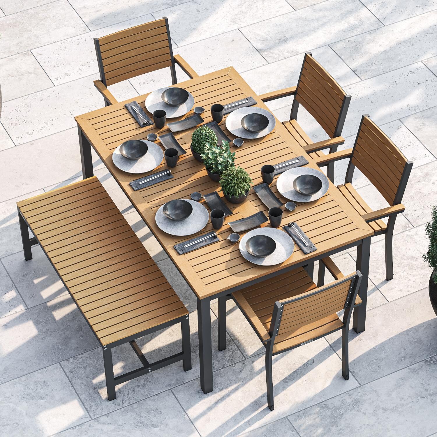 Oxford Garden Travira 63 X 40 Inch Rectangular Carbon Aluminum Dining Table W/ Natural Tekwood Top