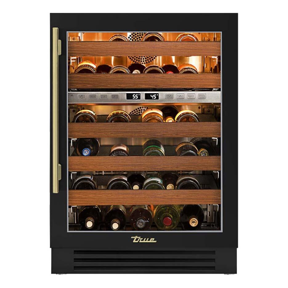 True TWC-24DZ-R-OG-C~DSK-027-H01 24 Inch 45 Bottle Right Hinge Glass Door Outdoor Dual Zone Outdoor Wine Cabinet - Matte Black w/ Brass Handle - White Background thumbnail