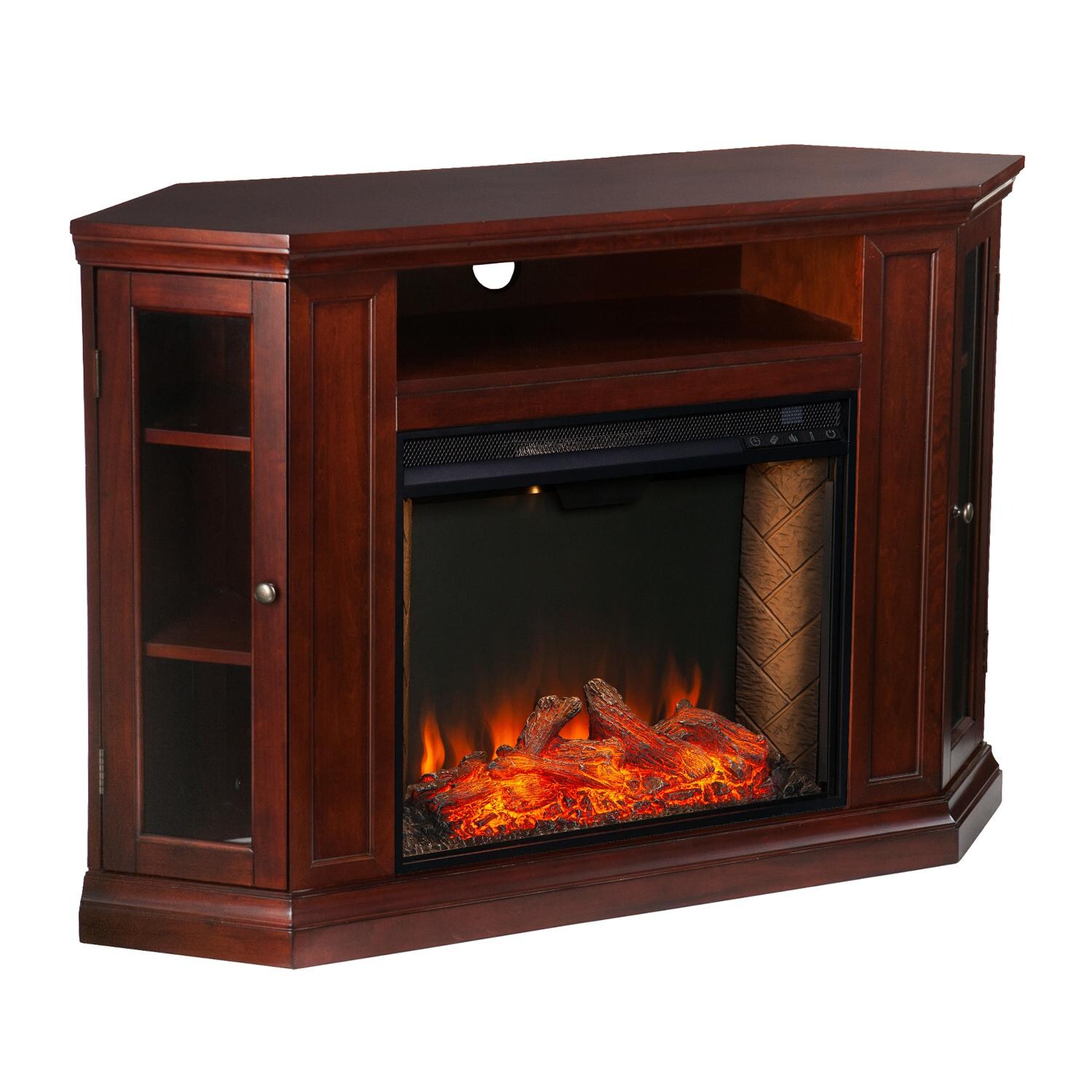 Southern Enterprises FS9310 Claremont 48-Inch Electric Fireplace Corner Convertible Mantel W/ Alexa-Enabled Smart Firebox - Cherry - Angle View thumbnail