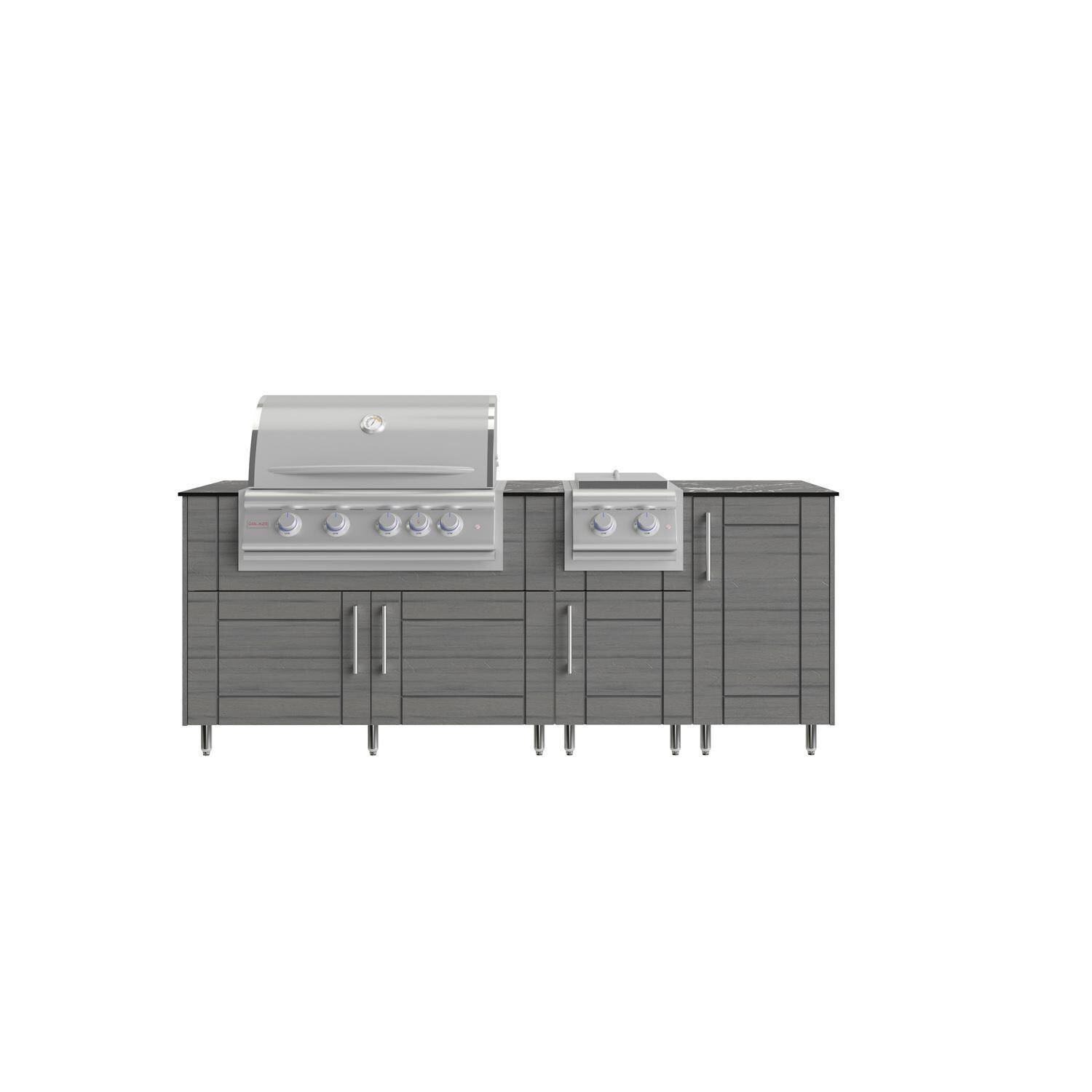 WeatherStrong Abaco 7 Ft Outdoor Kitchen Island w/ Blaze Propane Grill & Side Burner in Dark Ash/Midnight Ice