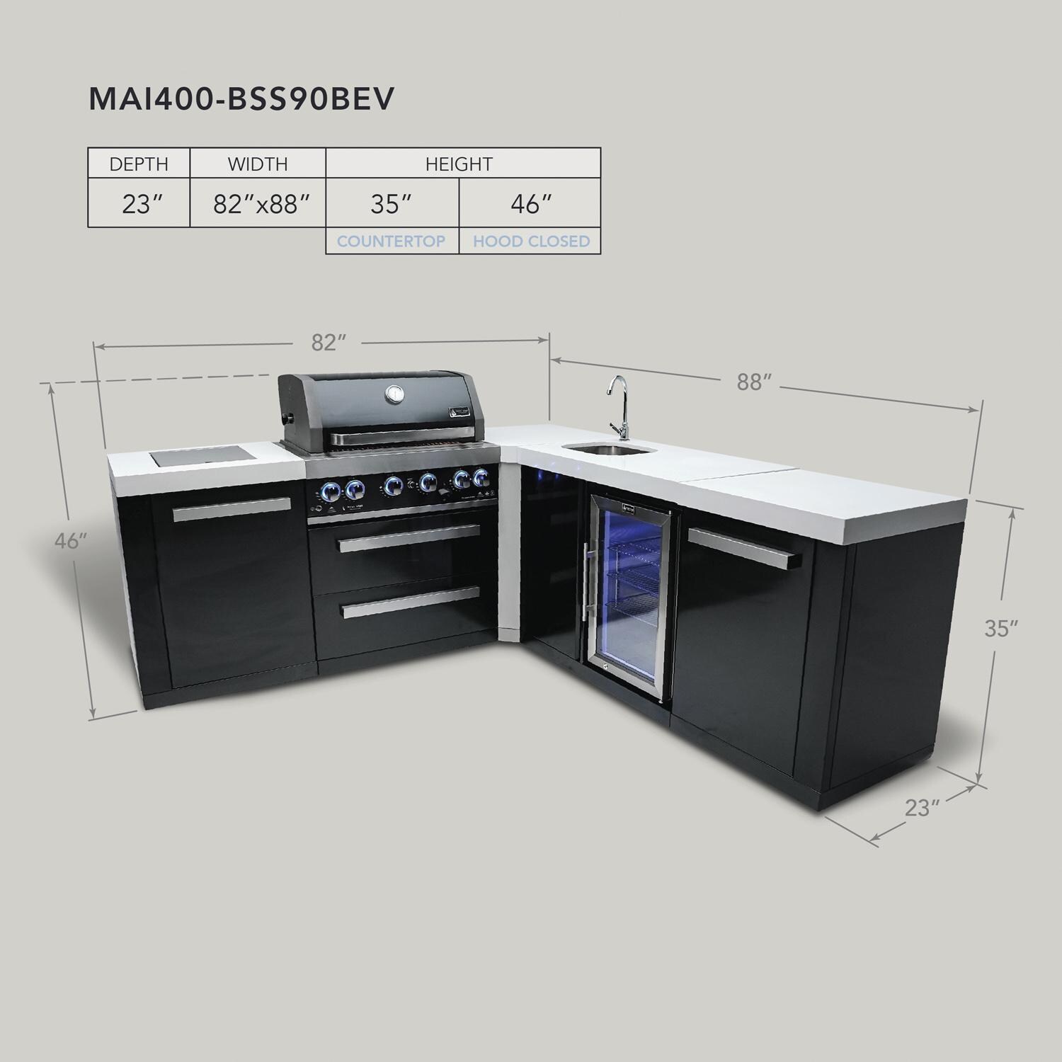 Mont Alpi MAi400-BSS90BEV Black Series 10 1/2 Ft L-Shaped Propane Outdoor Kitchen Island w/ Side Burner & Beverage Center - Dimensions - Dimensional thumbnail