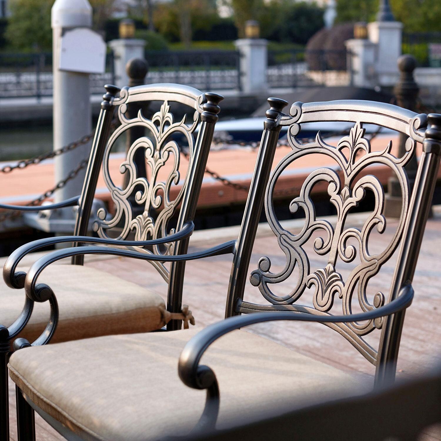 Darlee 201010-9PC-60GW Santa Barbara 9 Piece Cast Aluminum Patio Fire Pit Dining Set W/ 64 Inch Square Table & Beige Canvas Cushions - Dining Arm Chair - Lifestyle thumbnail