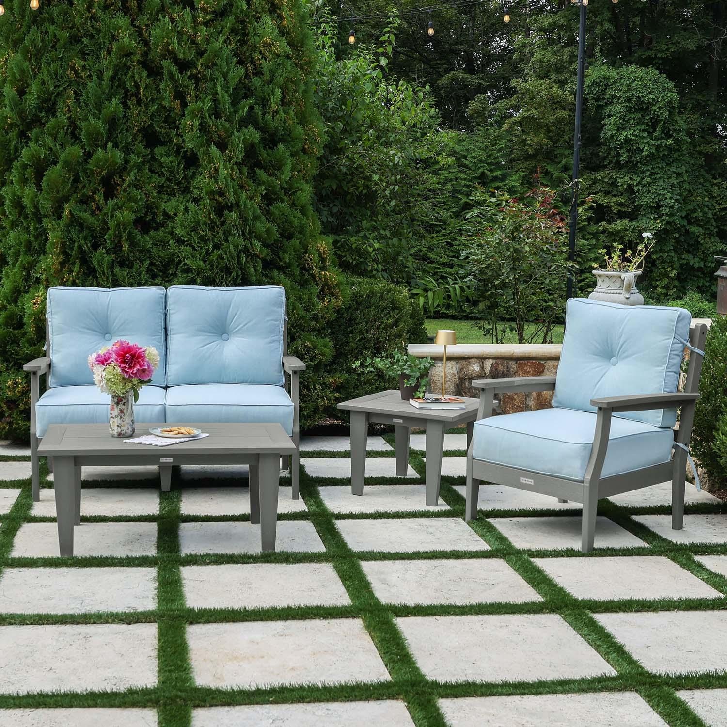 Blushing Bay 4 Pc Recycled Plastic Seating Set in Bliss Dew/Coastal Teak by Lakeview Outdoor Designs