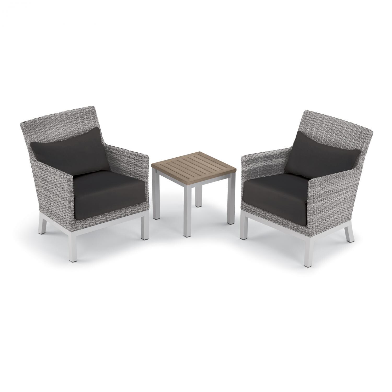 Argento 3 Piece Wicker Patio Conversation Set W/ Tekwood Vintage End Table, Jet Black Cushions & Lumbar Pillows By Oxford Garden