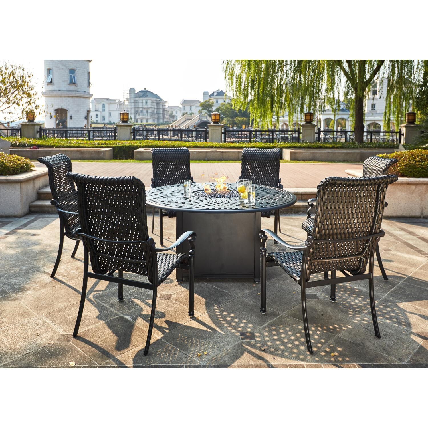 Darlee 501210-7PC-60GD Victoria 7 Piece Resin Wicker Patio Fire Pit Dining Set W/ 60 Inch Round Table - Lifestyle thumbnail