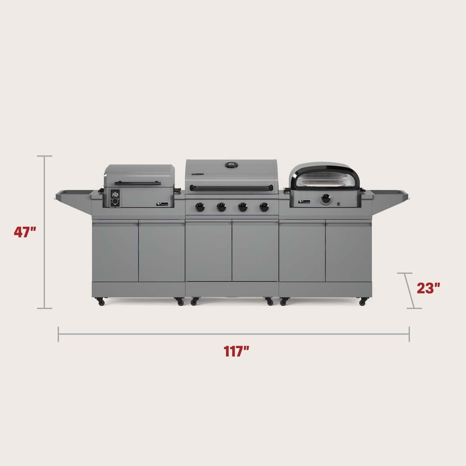 TYTUS TDT-BUN-008 Modular Grilling Collection 32 Inch Propane Gas Grill, Pellet Smoker, and Propane Pizza Oven w/ Cart - Dimensional thumbnail
