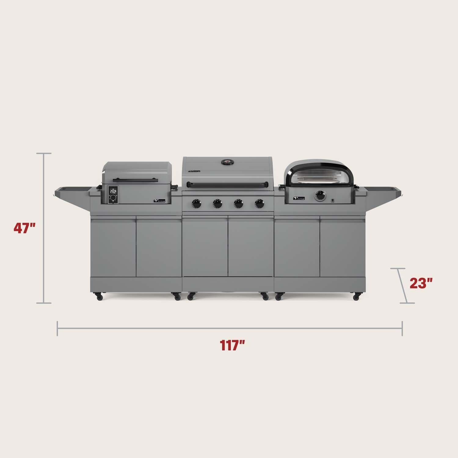 TYTUS TDT-BUN-008 Modular Grilling Collection 32 Inch Propane Gas Grill, Pellet Smoker, and Propane Pizza Oven w/ Cart - Dimensional thumbnail