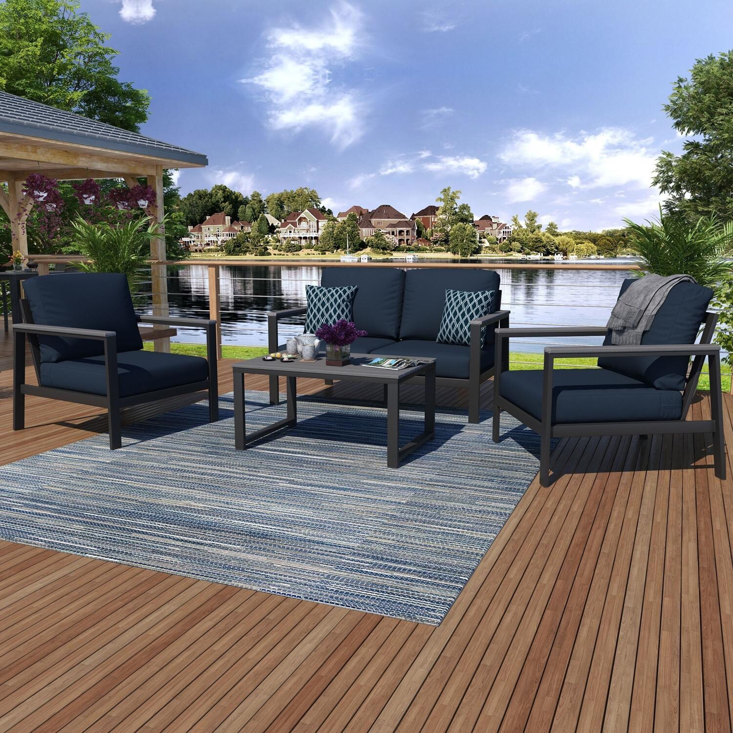 Oasis Bay 6 Pc Aluminum Seating Set in Black/Canvas Navy by Lakeview Outdoor Designs