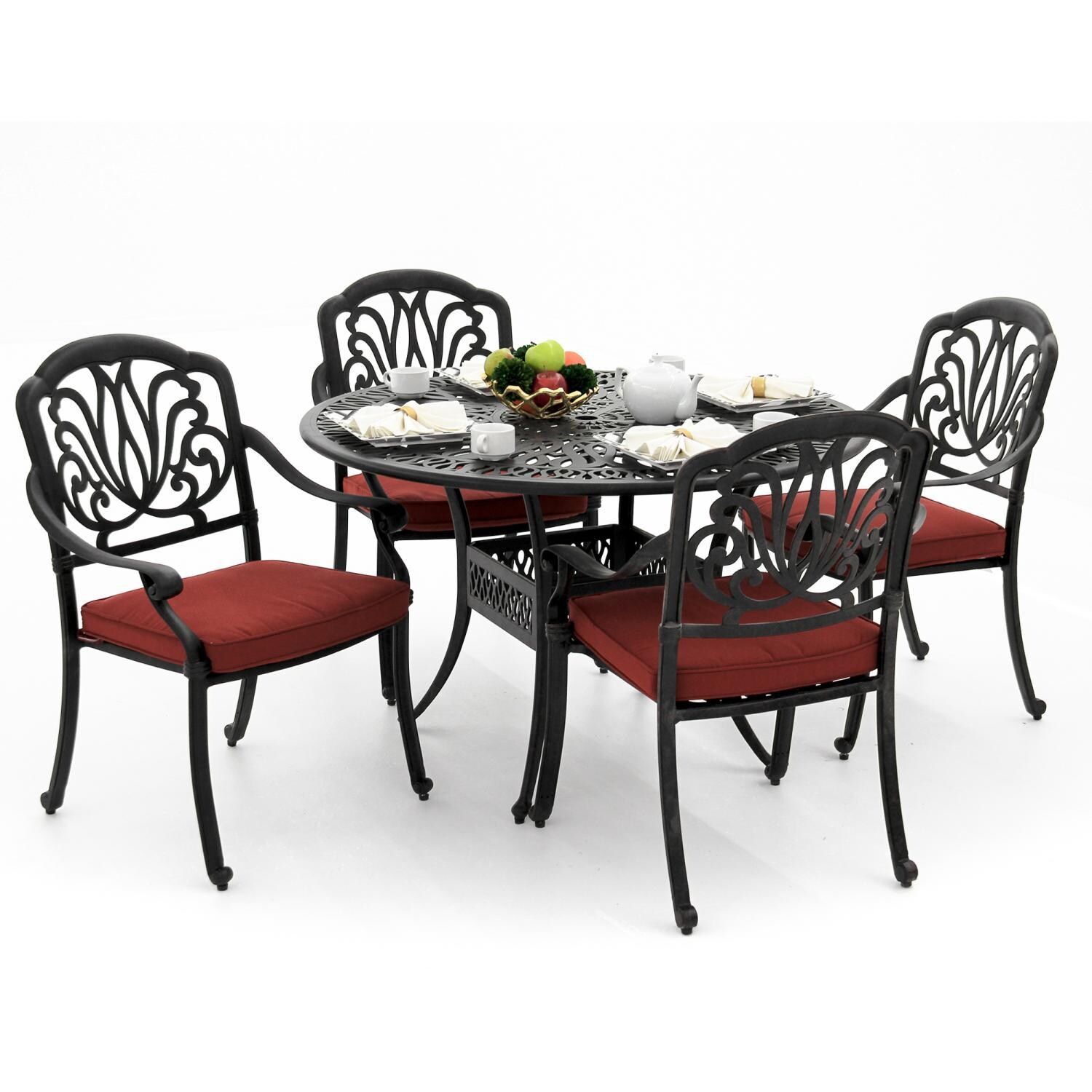 Rosedown 5 Piece Cast Aluminum Patio Dining Set With Round Table By Lakeview Outdoor Designs - Canvas Henna