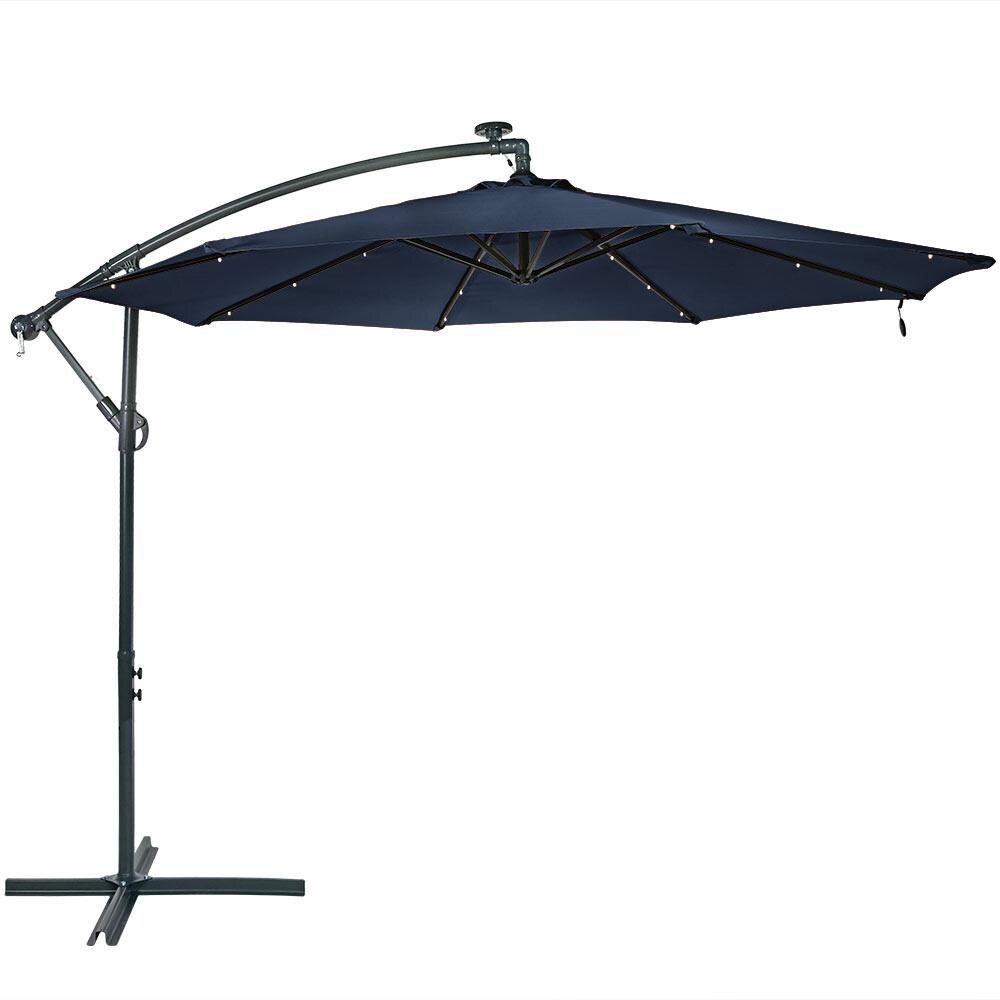 Ultimate Patio 10 Ft. Solar Lighted Octagonal Steel Patio Cantilever Umbrella W/ Crank - Dark Gray Frame & Navy Blue Polyester Canopy thumbnail