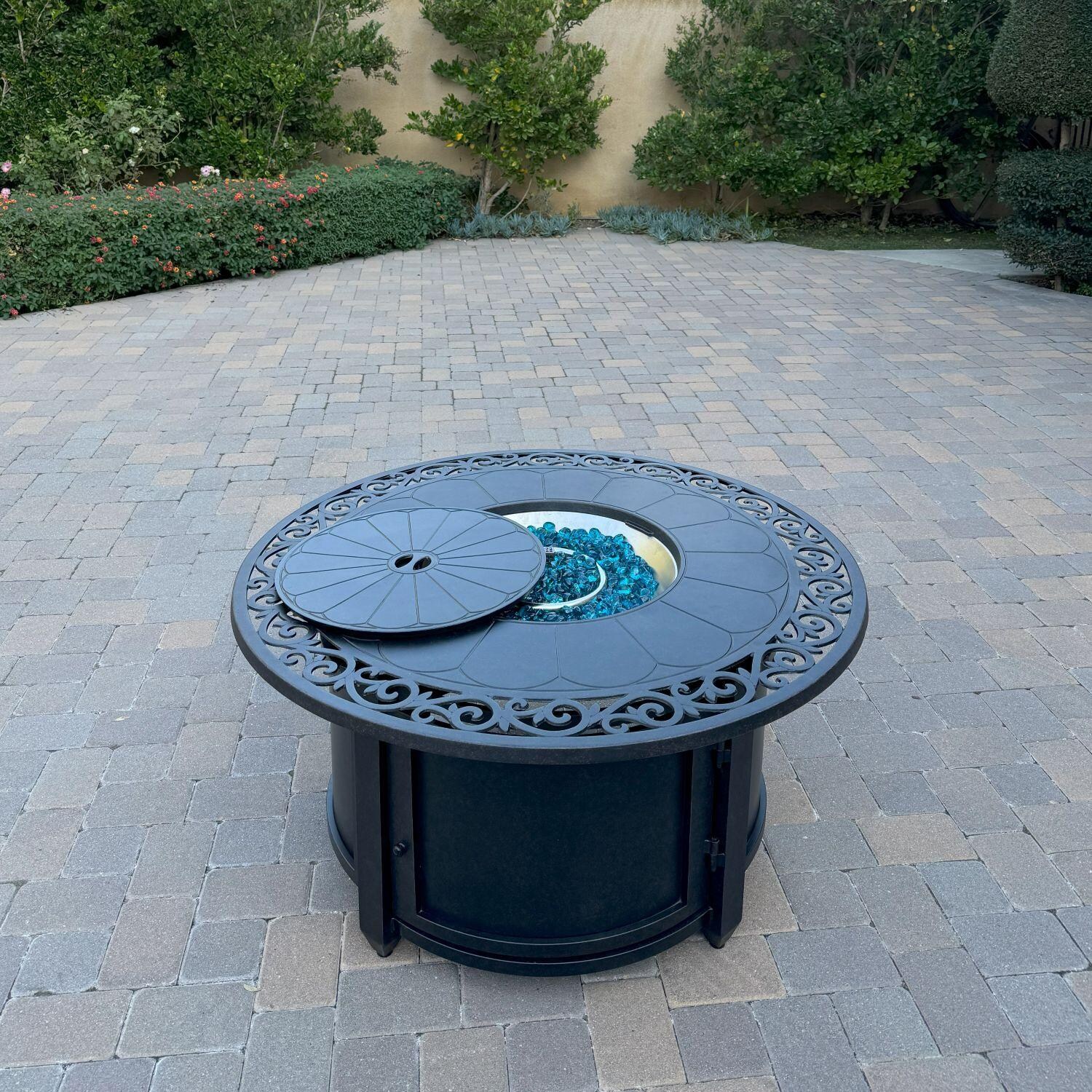 Darlee Cast Aluminum 47-in Round Fire Pit Chat Table - Lid Partially On - Lifestyle thumbnail