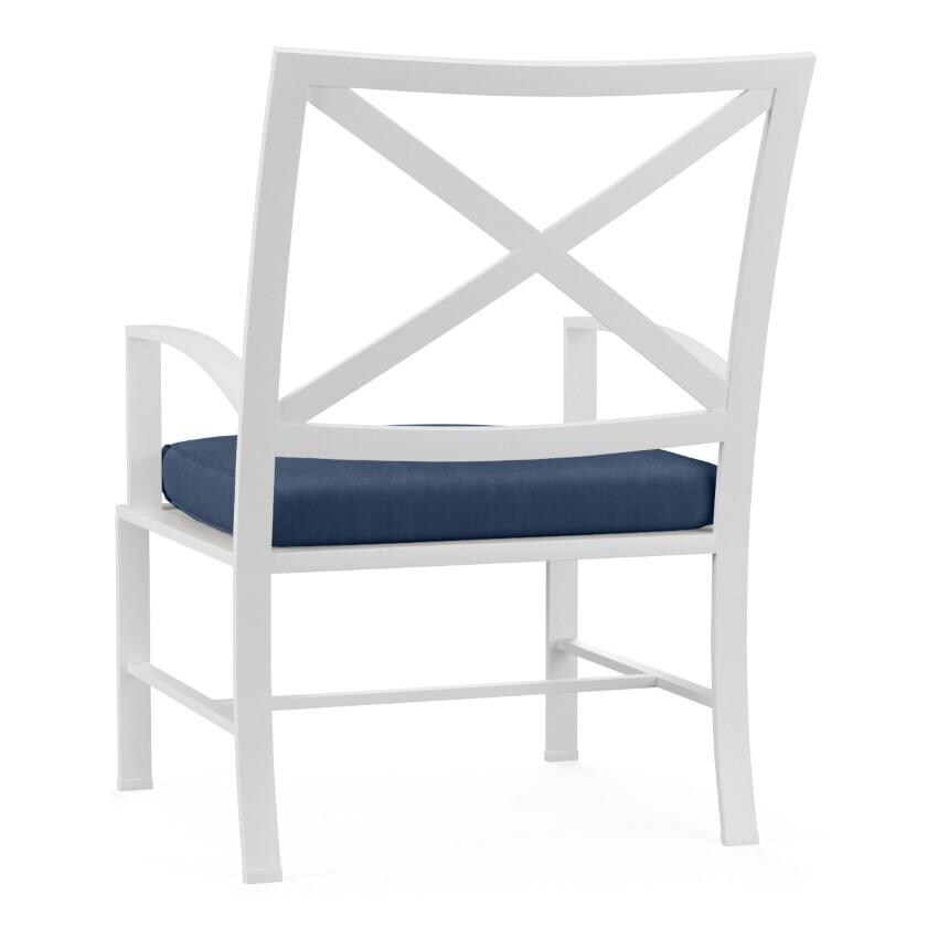 Bristol Aluminum Dining Arm Chair w/ Self Welt in White/Spectrum Indigo by Sunset West - Rear View - White Background thumbnail