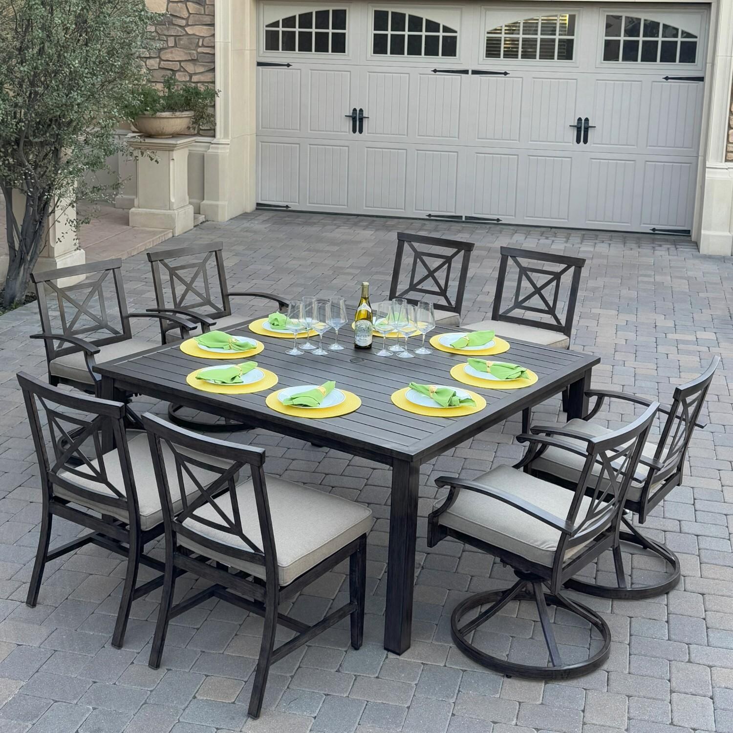 Atlantis 9 Pc Aluminum Dining Set w/ 4 Dining Side Chairs & 4 Swivel Rocker Dining Arm Chairs in Walnut/Beige by Darlee