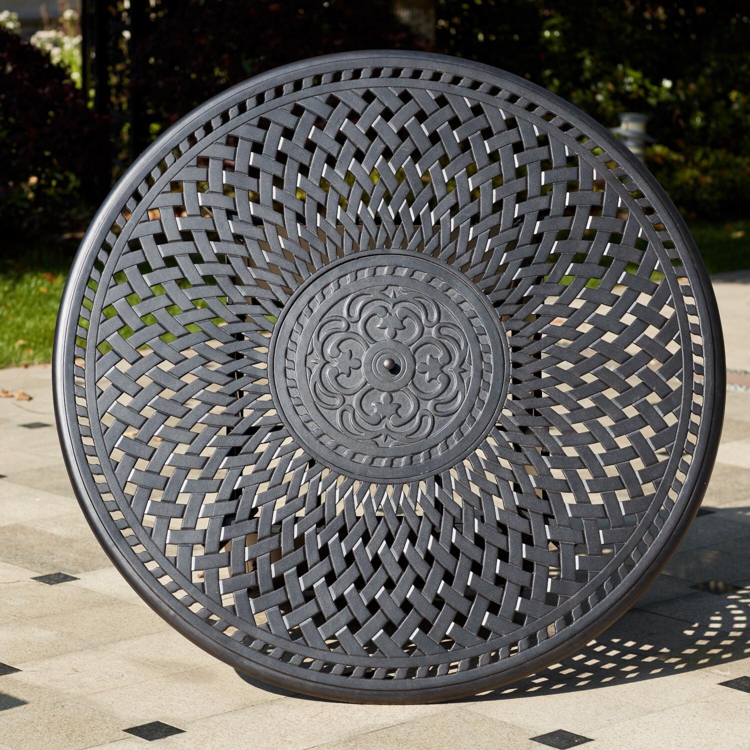 Darlee DL2052-7PC-60GD Santa Monica 7 Piece Cast Aluminum Patio Fire Pit Dining Set W/ 60 Inch Round Table & Sesame Cushions - Fire Pit Table Top