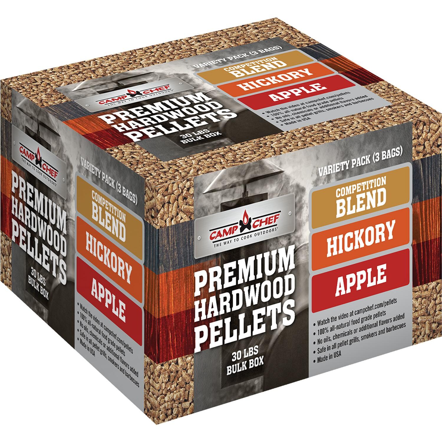 Camp Chef 30 Lb. Premium Hardwood BBQ Pellets Variety Box Competition Blend, Apple & Hickory