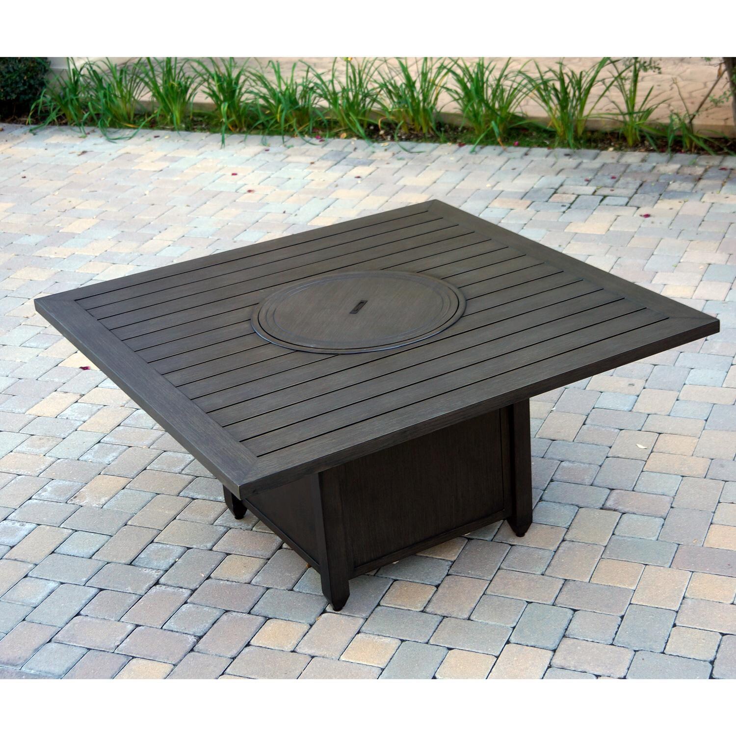 Darlee Brooklyn 9 Piece Aluminum Patio Dining Set W/ 60-Inch Square Propane Fire Pit Dining Table & Sesame Cushions - Table - Fire Pit Covered thumbnail